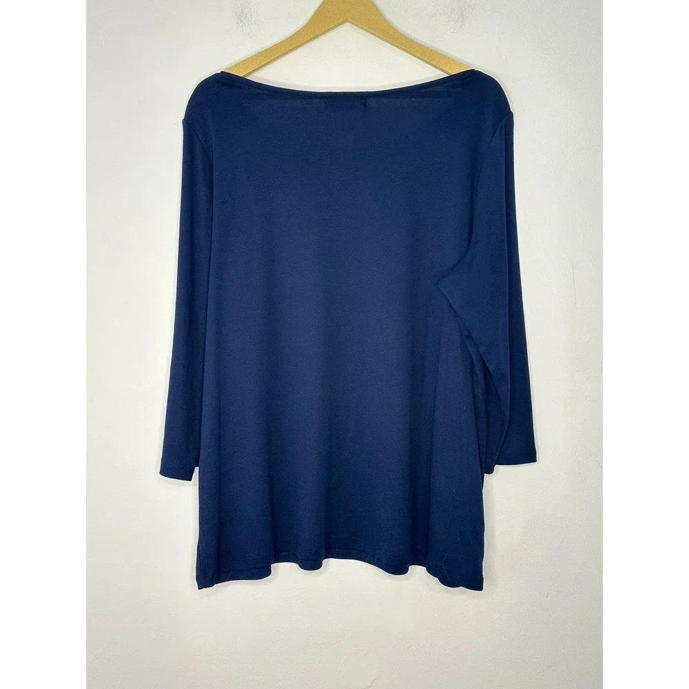 Lauren Ralph Lauren Top Women 3X Navy Blue Floral Boat Neck 3/4 Sleeve Cotton - Picture 7 of 8
